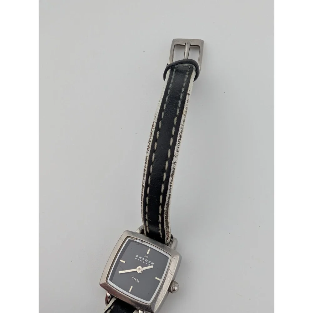 Skagen Steel Watch Women 17mm‎ Case Petite Black Leather Band- New Battery